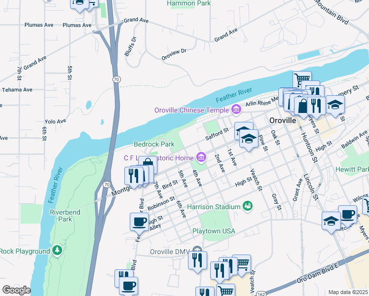 map of restaurants, bars, coffee shops, grocery stores, and more near Safford Street & 4th Avenue in Oroville