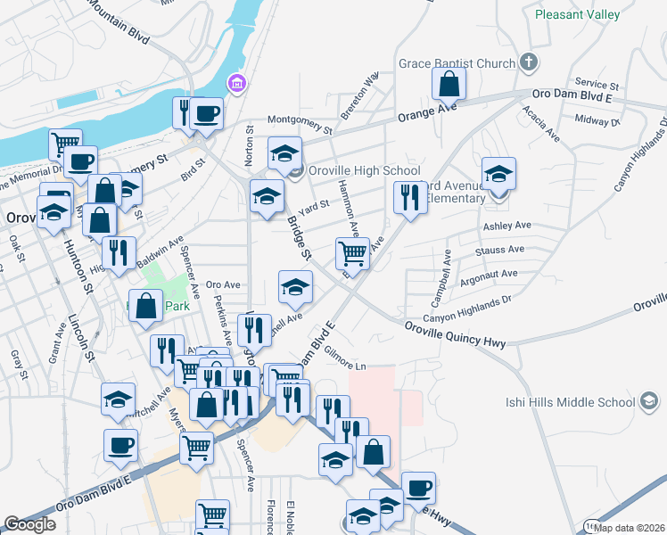 map of restaurants, bars, coffee shops, grocery stores, and more near 2843 Stormes Avenue in Oroville