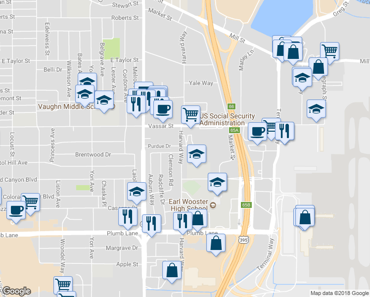 map of restaurants, bars, coffee shops, grocery stores, and more near 1370 Harvard Way in Reno