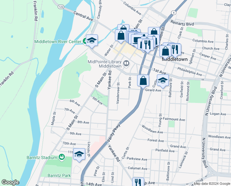 map of restaurants, bars, coffee shops, grocery stores, and more near 320 Vanderveer Street in Middletown