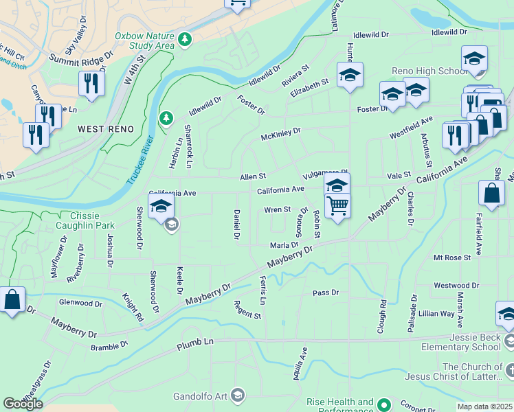 map of restaurants, bars, coffee shops, grocery stores, and more near 1801 Wren Street in Reno