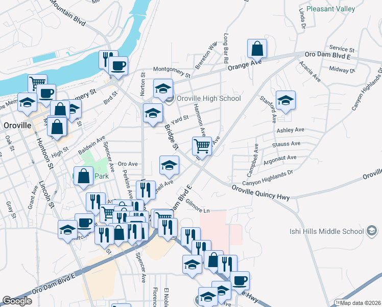 map of restaurants, bars, coffee shops, grocery stores, and more near 2820 Stormes Avenue in Oroville