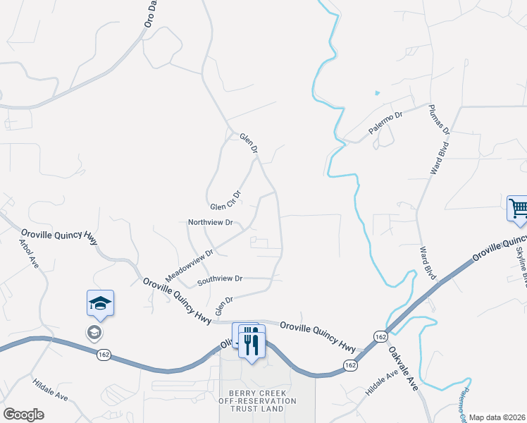 map of restaurants, bars, coffee shops, grocery stores, and more near 39 Meadowview Dr in Oroville
