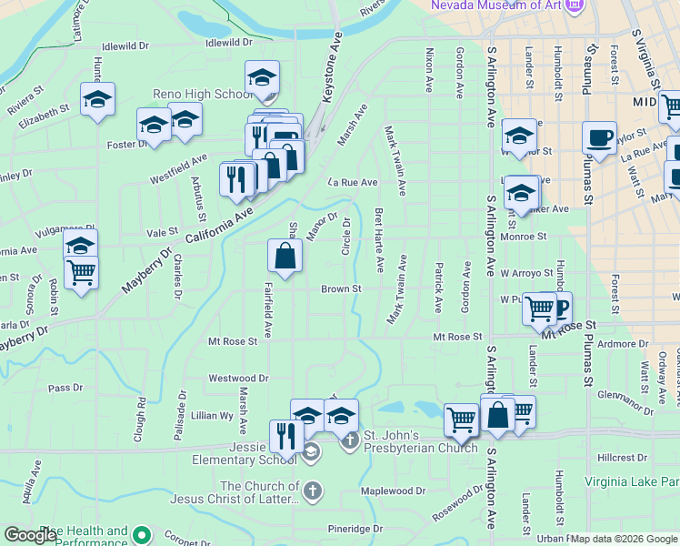 map of restaurants, bars, coffee shops, grocery stores, and more near 48 Heath Circle in Reno