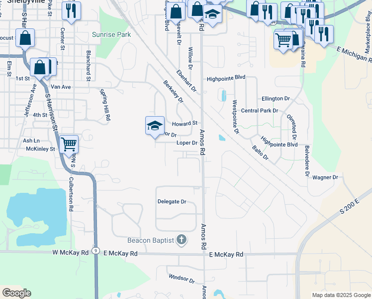 map of restaurants, bars, coffee shops, grocery stores, and more near 921 Blue River Way in Shelbyville