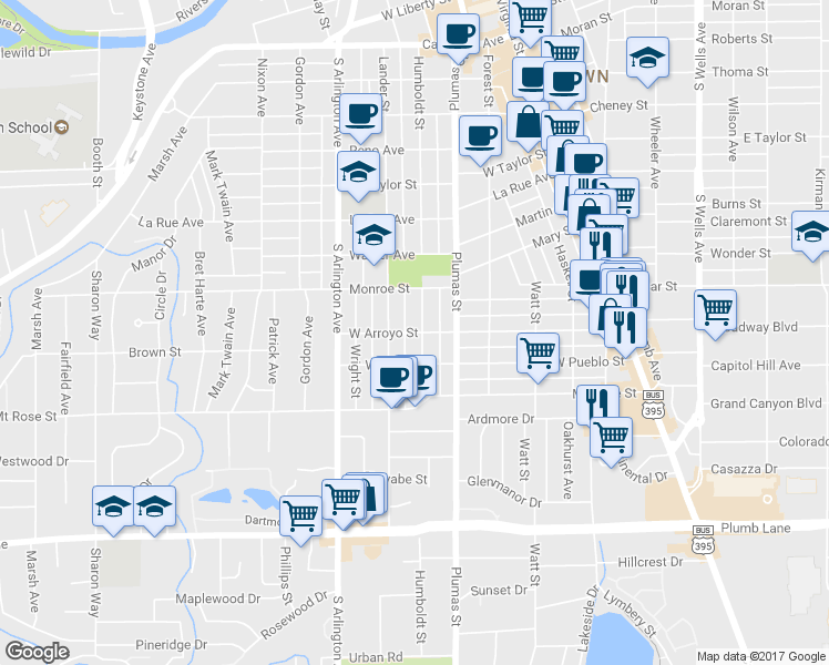 map of restaurants, bars, coffee shops, grocery stores, and more near 550 W Arroyo St in Reno
