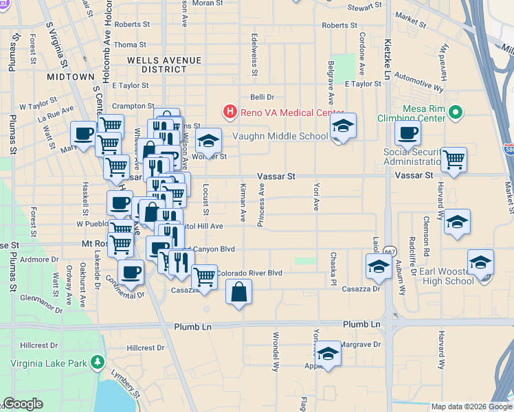 map of restaurants, bars, coffee shops, grocery stores, and more near 1405 Princess Avenue in Reno