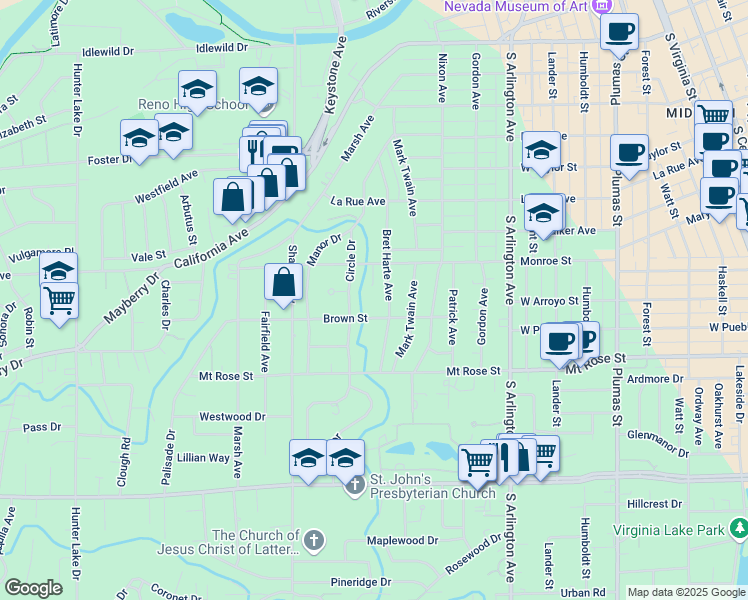 map of restaurants, bars, coffee shops, grocery stores, and more near 1160 Monroe Court in Reno