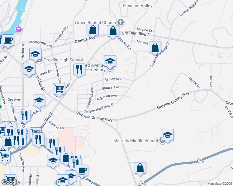 map of restaurants, bars, coffee shops, grocery stores, and more near 3604 Argonaut Avenue in Oroville