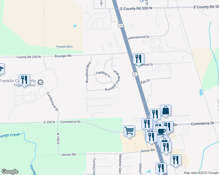 map of restaurants, bars, coffee shops, grocery stores, and more near 2640 Branigan Creek Boulevard in Franklin