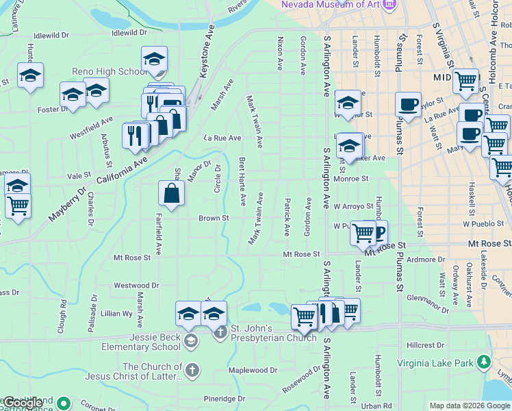 map of restaurants, bars, coffee shops, grocery stores, and more near 1275 Mark Twain Avenue in Reno