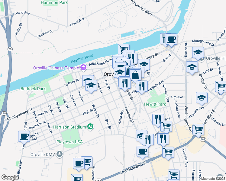 map of restaurants, bars, coffee shops, grocery stores, and more near in Feather Falls