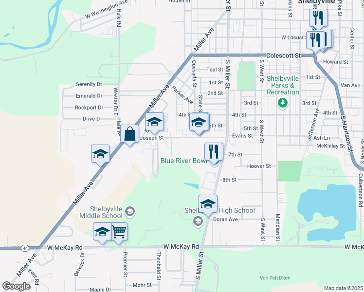 map of restaurants, bars, coffee shops, grocery stores, and more near 801 Saint Joseph Street in Shelbyville
