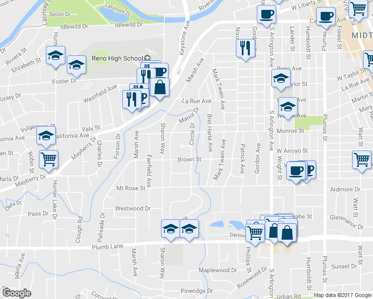 map of restaurants, bars, coffee shops, grocery stores, and more near 48 Heath Circle in Reno