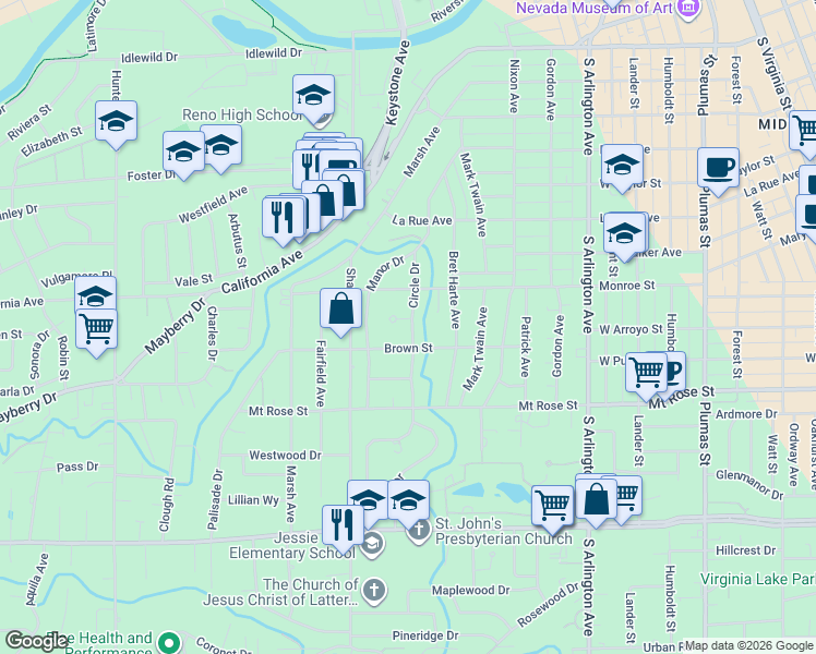 map of restaurants, bars, coffee shops, grocery stores, and more near 48 Heath Circle in Reno