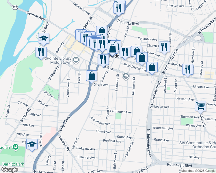 map of restaurants, bars, coffee shops, grocery stores, and more near 1310 Girard Avenue in Middletown