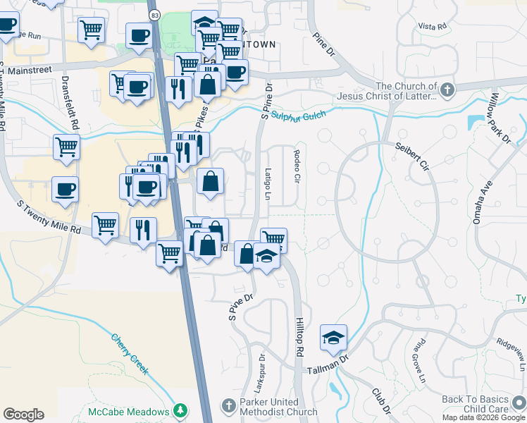 map of restaurants, bars, coffee shops, grocery stores, and more near 11363 Latigo Lane in Parker