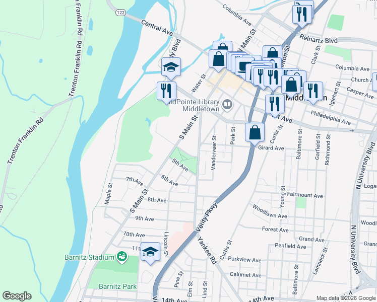 map of restaurants, bars, coffee shops, grocery stores, and more near 913 4th Avenue in Middletown