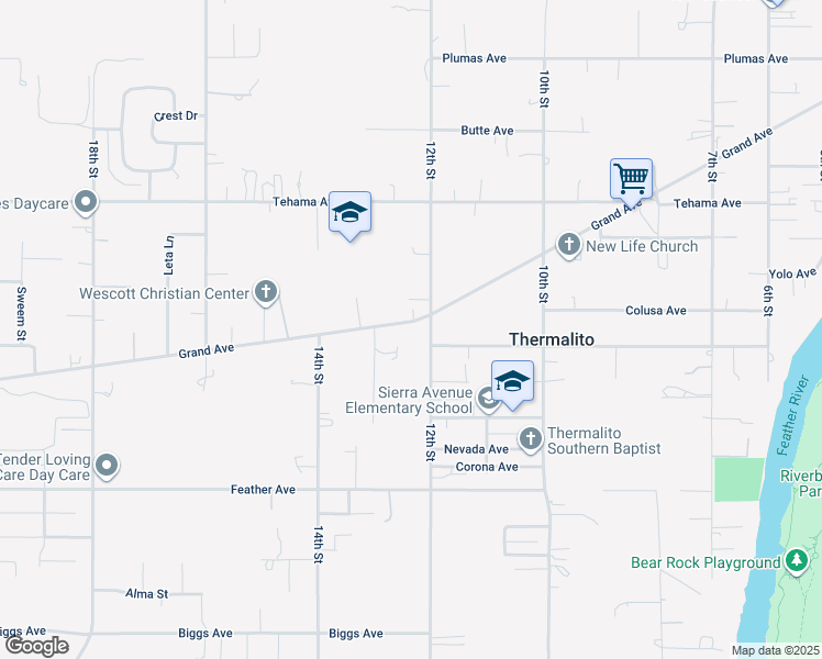 map of restaurants, bars, coffee shops, grocery stores, and more near 1227 Grand Avenue in Oroville