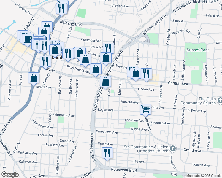 map of restaurants, bars, coffee shops, grocery stores, and more near 101 Crawford Street in Middletown