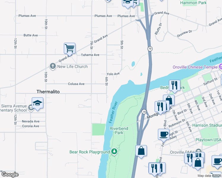 map of restaurants, bars, coffee shops, grocery stores, and more near 1626 6th Street in Oroville