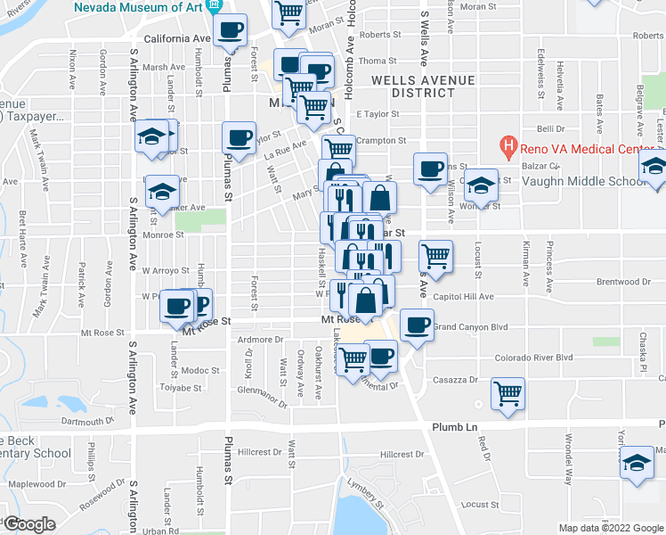 map of restaurants, bars, coffee shops, grocery stores, and more near in Reno