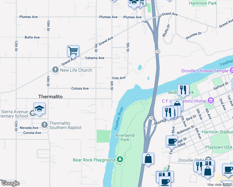 map of restaurants, bars, coffee shops, grocery stores, and more near 1626 6th Street in Oroville