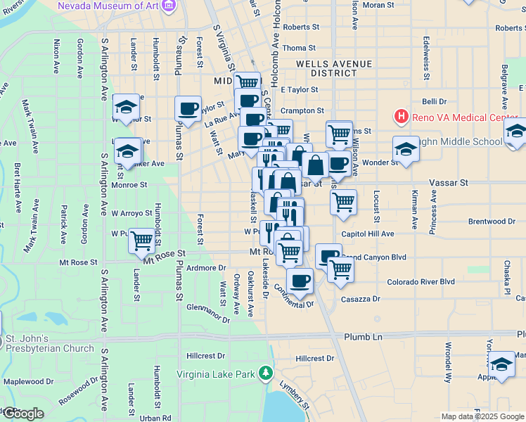 map of restaurants, bars, coffee shops, grocery stores, and more near in Reno