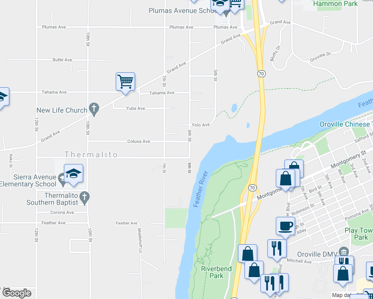 map of restaurants, bars, coffee shops, grocery stores, and more near 1625 6th Street in Oroville