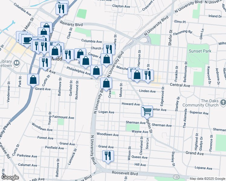 map of restaurants, bars, coffee shops, grocery stores, and more near 101 Crawford Street in Middletown