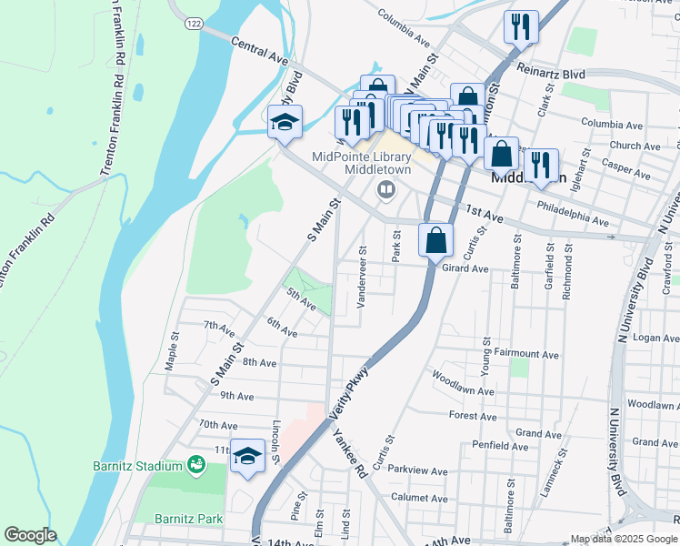 map of restaurants, bars, coffee shops, grocery stores, and more near 320 Vanderveer Street in Middletown