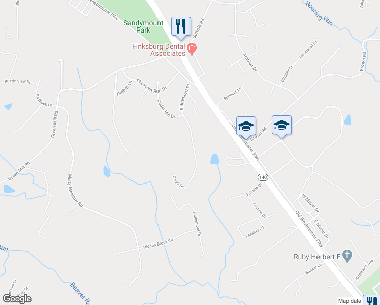 map of restaurants, bars, coffee shops, grocery stores, and more near 2214 Ridgemont Drive in Finksburg