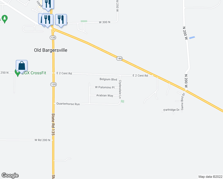 map of restaurants, bars, coffee shops, grocery stores, and more near 1027 West Palomino Place in Bargersville