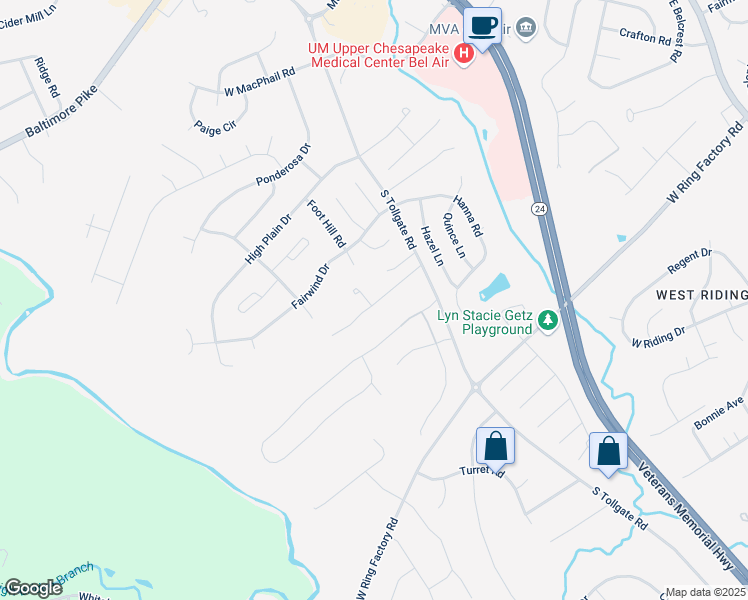 map of restaurants, bars, coffee shops, grocery stores, and more near 1061 Sansa Court in Bel Air