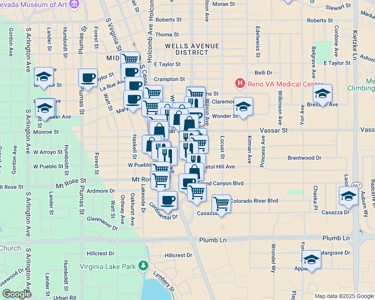 map of restaurants, bars, coffee shops, grocery stores, and more near 1401 South Wells Avenue in Reno
