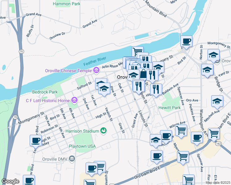 map of restaurants, bars, coffee shops, grocery stores, and more near 1623 Bird Street in Oroville