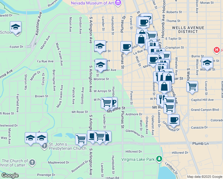 map of restaurants, bars, coffee shops, grocery stores, and more near 1295 Humboldt Street in Reno