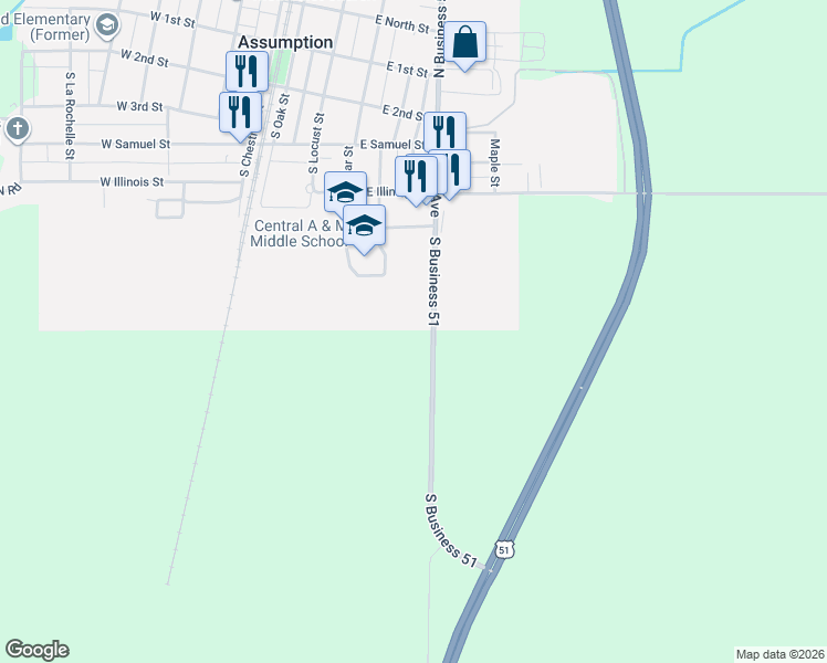 map of restaurants, bars, coffee shops, grocery stores, and more near 411 South US Highway 51 in Assumption