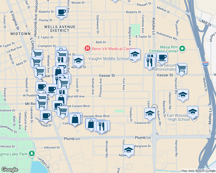 map of restaurants, bars, coffee shops, grocery stores, and more near 750 Broadway Boulevard in Reno