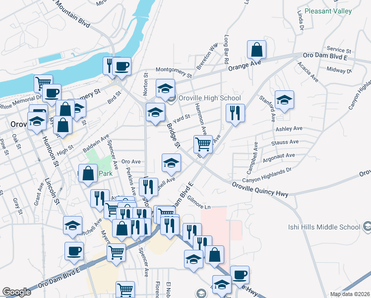 map of restaurants, bars, coffee shops, grocery stores, and more near 2820 Stormes Avenue in Oroville