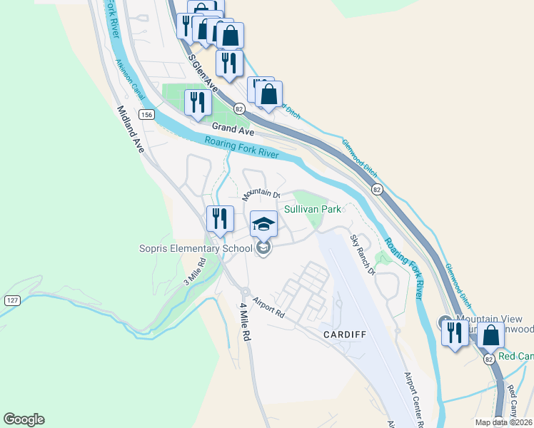 map of restaurants, bars, coffee shops, grocery stores, and more near 1106 Parkwood Ln in Glenwood Springs
