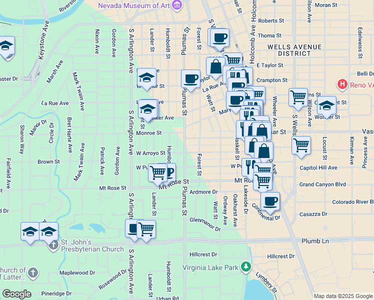 map of restaurants, bars, coffee shops, grocery stores, and more near 395 West Arroyo Street in Reno