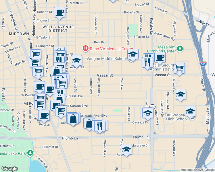 map of restaurants, bars, coffee shops, grocery stores, and more near 750 Broadway Boulevard in Reno