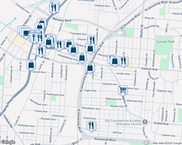map of restaurants, bars, coffee shops, grocery stores, and more near 101 Crawford Street in Middletown