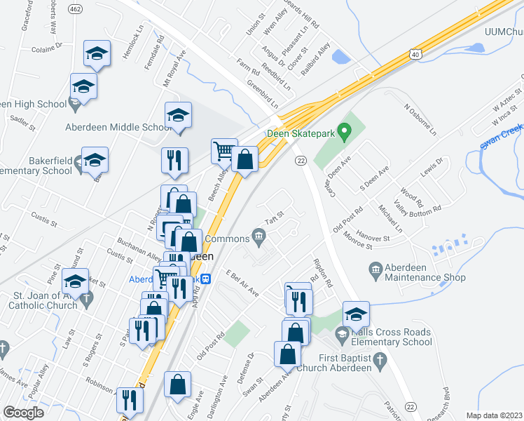 map of restaurants, bars, coffee shops, grocery stores, and more near 98 Taft Street in Aberdeen