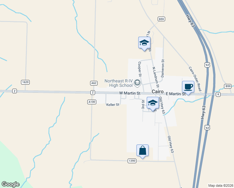 map of restaurants, bars, coffee shops, grocery stores, and more near 414 West Martin Street in Cairo