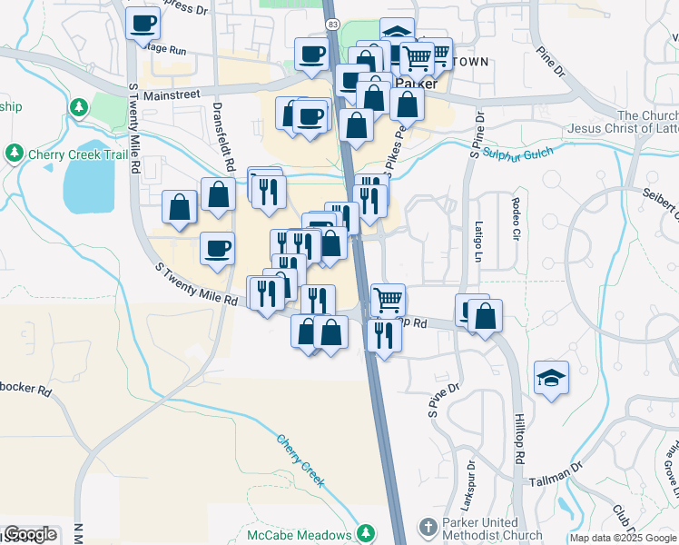map of restaurants, bars, coffee shops, grocery stores, and more near 11259 South Parker Road in Parker