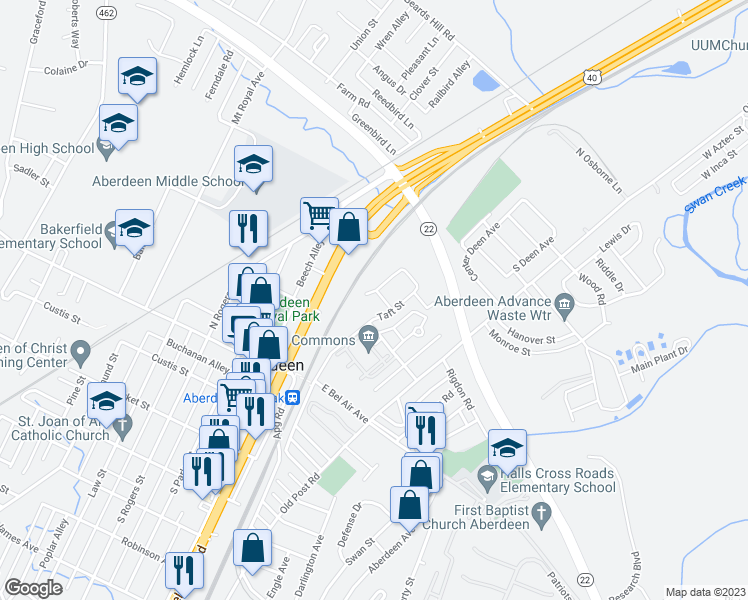 map of restaurants, bars, coffee shops, grocery stores, and more near 96 Taft Street in Aberdeen