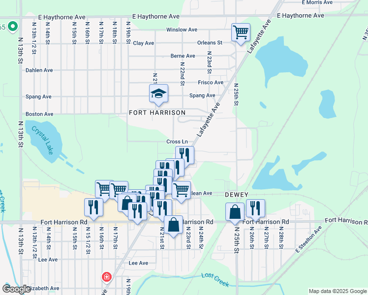 map of restaurants, bars, coffee shops, grocery stores, and more near 2224 Lafayette Avenue in Terre Haute