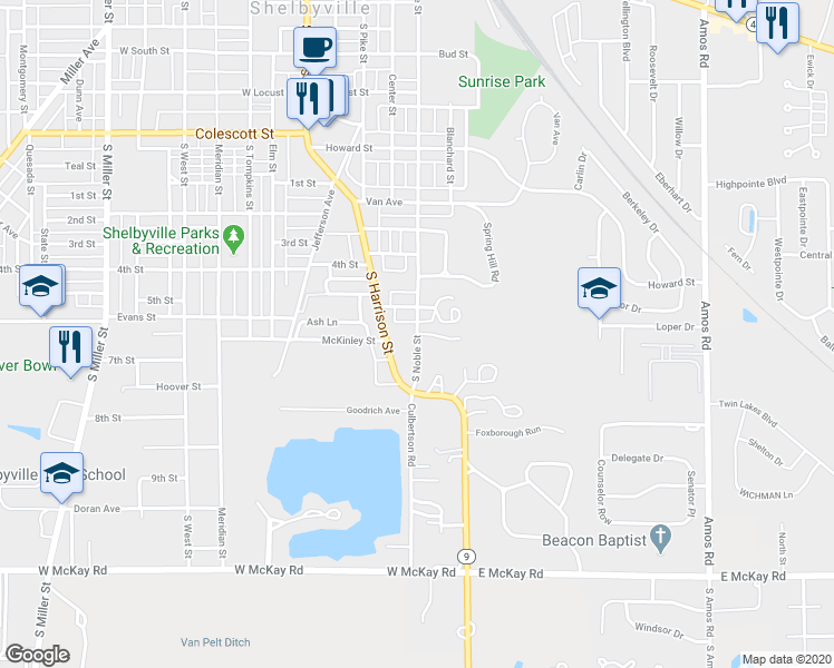 map of restaurants, bars, coffee shops, grocery stores, and more near 101 Hillcrest Drive in Shelbyville
